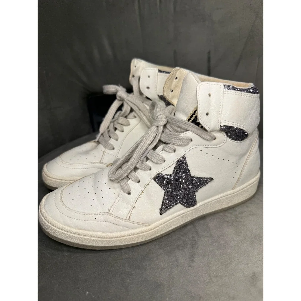 Shu Shop White High Top Sneakers Black Glitter Star Womens‎ Size 8